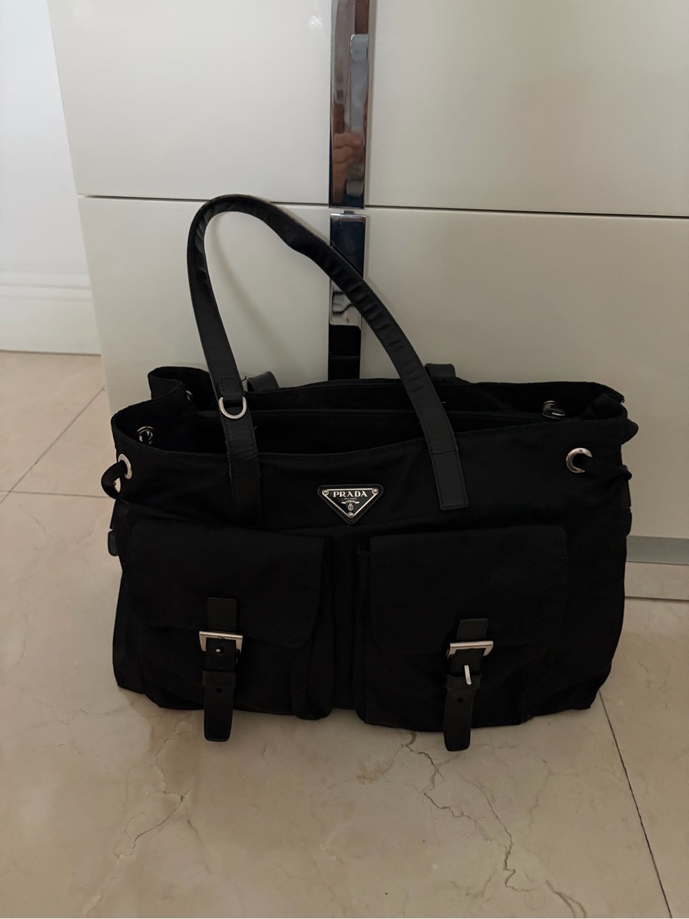 Prada Black Nylon Messenger Tote with Front Buckle Pockets